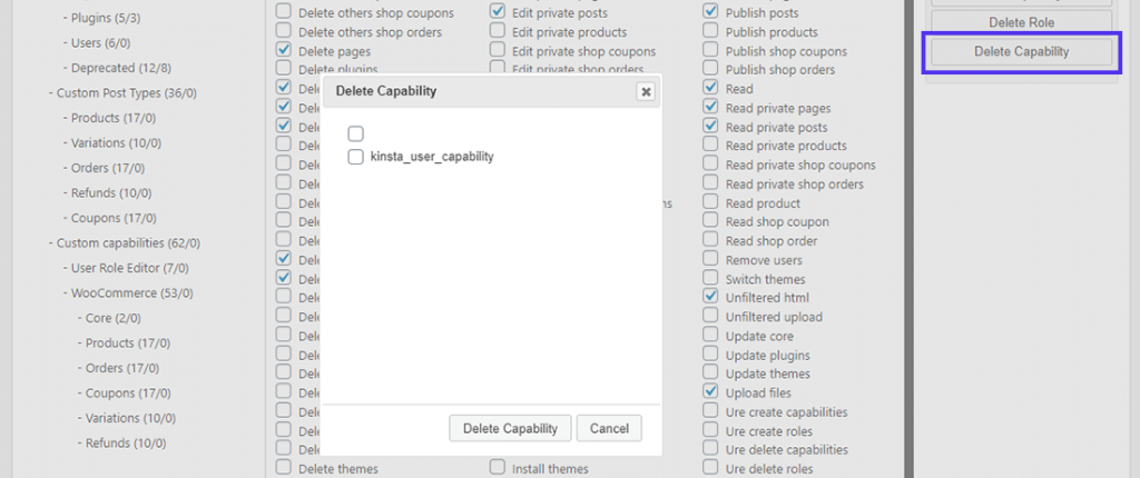 User Role Editor中的“Delete Capability”按钮