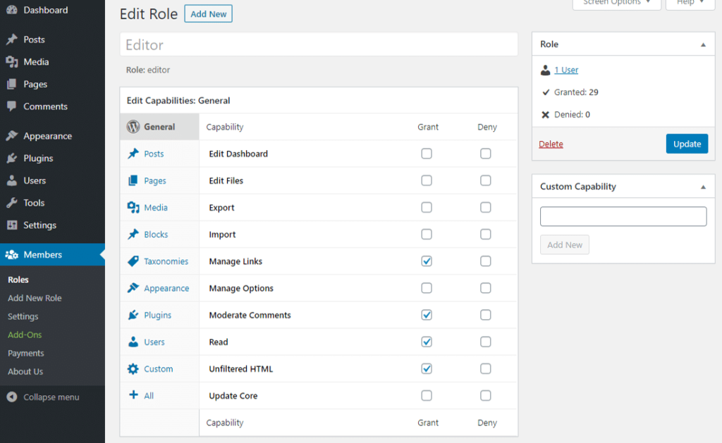 Members中的“Edit Role”面板