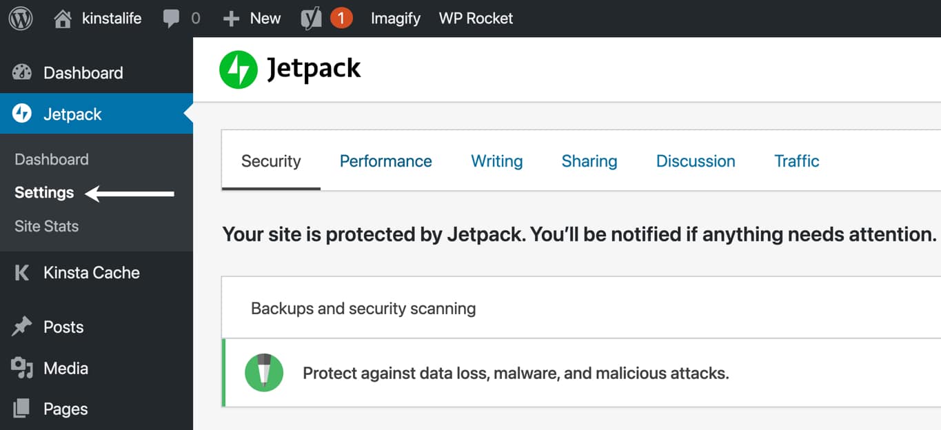 Jetpack的设置页面分为六个选项卡